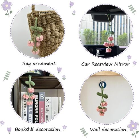 زخرفة السيارة مرآة السيارة المعلقة الملحقات المصنوعة يدويا زهرة الجرس الكروشيه زنبق الوادي الكروشيه مناسبة للسيارة مرآة الرؤية الخلفية حقائب الظهر سلاسل المفاتيح (أبيض) in Kuwait