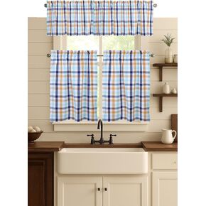 Gingham Check Kitchen Curtains Set - 2 Tiers 26"x36" & Valance 54"x18", Rod Pocket, Semi Sheer Window Curtains for Kitchen, Bathroom, Living Room - Indigo & Aqua Blue, Mustard Yellow in Saudi Arabia
