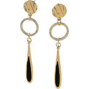 Elegant Gold Drop Earrings, Textured Disc and Circle Design, Black Teardrop Accent in Saudi Arabia