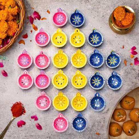 (Pack of 24) Clay Diyas with Cotton Wicks, Diwali Decorations for Home, Mitti Diyas for Pooja, Indian Pooja Decor for Mandir, Diwali Gifts, Earthen Lamp for Navratri Dussehra, Party Favor in Saudi Arabia