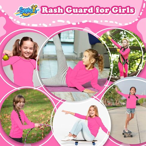 قميص سباحة للفتيات باللون الوردي النيون بأكمام طويلة للأطفال الصغار بعمر 9-10 سنوات من Rashguard ملابس سباحة مائية UPF + 50 قميص سباحة in Kuwait