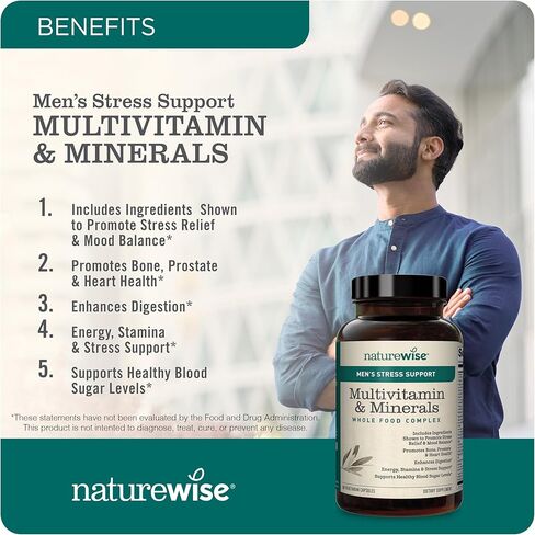فيتامينات NatureWise المتعددة للرجال + دعم الإجهاد + معادن الفولفيك الأيونية + البروبيوتيك للمناعة، صحة الذكور، الهضم + الأطعمة العضوية الكاملة - نباتية، غير معدلة وراثيًا - 60 كبسولة [كمية تكفي لمدة شهر] in Saudi Arabia