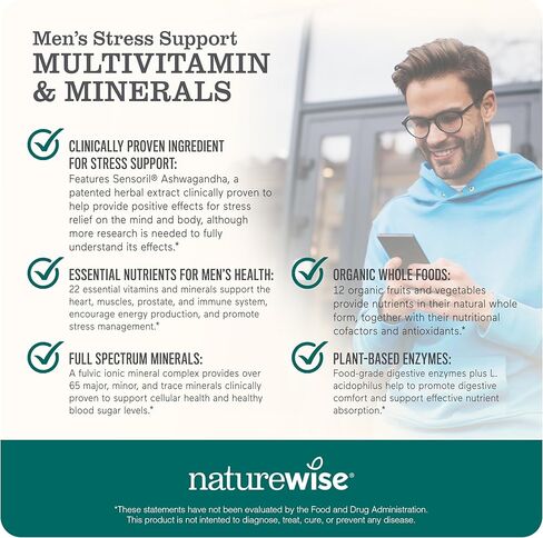 فيتامينات NatureWise المتعددة للرجال + دعم الإجهاد + معادن الفولفيك الأيونية + البروبيوتيك للمناعة، صحة الذكور، الهضم + الأطعمة العضوية الكاملة - نباتية، غير معدلة وراثيًا - 60 كبسولة [كمية تكفي لمدة شهر] in Saudi Arabia