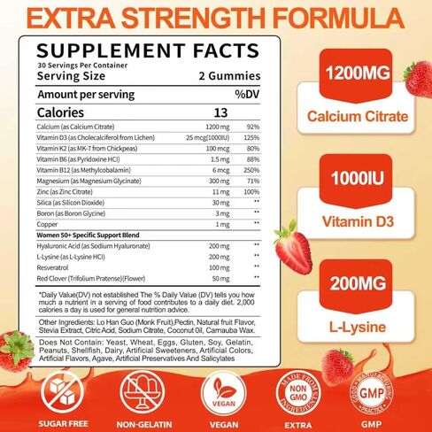 50+ Women’s Calcium Citrate Gummies: 1200mg Chewable Calcium Gummy Supplements Plus Magnesium Zinc Vitamin D3 K2 B12 B6 - Energy Immune Overall Health Support Vegan Sugar Free(120Count) in Saudi Arabia