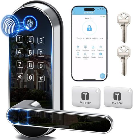 Bluetooth Fingerprint Smart Lock with Handle & Keypad – Fits Most US Doors, DIY Install, Keyless Entry: Code, FOB, Auto-Lock. Ideal for Home, Airbnb, Rental, Kids, Seniors. Alexa & Google Compatible in Saudi Arabia