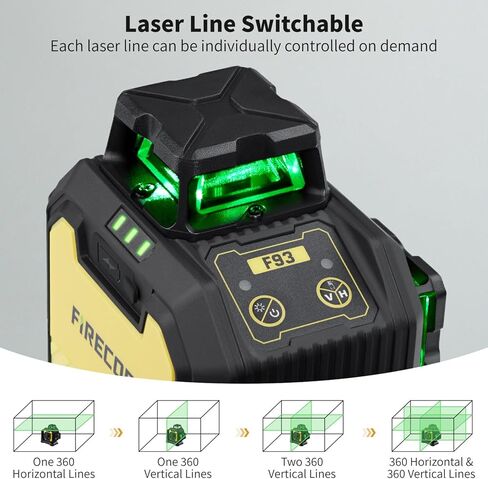Firecore Laser Level 360 Self Leveling, 1/13" High Accuracy, Rechargeable Green Cross Line Laser for Construction and Picture Hanging, Outdoor Pulse Mode Up To 197ft, Hard Case Included in Saudi Arabia