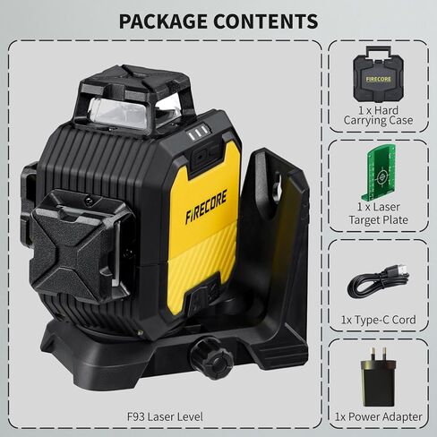 Firecore Laser Level 360 Self Leveling, 1/13" High Accuracy, Rechargeable Green Cross Line Laser for Construction and Picture Hanging, Outdoor Pulse Mode Up To 197ft, Hard Case Included in Saudi Arabia