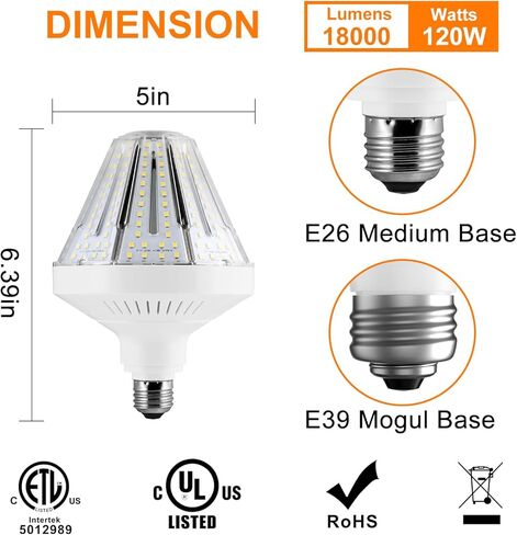لمبة إضاءة الذرة LED المكافئة 1200 وات، مصابيح الذرة LED 18000 لومن 120 وات 5000 ك مصباح ضوء النهار الأبيض، قاعدة مغولية متوسطة E26/E39، 2 حزمة من أضواء المنطقة الكبيرة لورشة عمل مصنع مستودع المرآب الداخلي في الهواء الطلق in Saudi Arabia