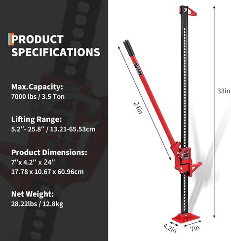 Farm Jack,33" Utility High Lift Farm Jack with Base, 7000 LBS Capacity Ratcheting Off Road Utility Jack,Adjustable Lifting Height 5.12-25.39" for Tractor, Truck, SUV, Bumper Lift in Saudi Arabia