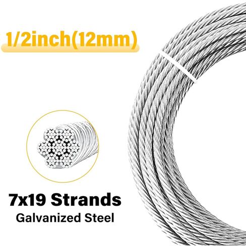 كابل فولاذي 1/2 بوصة، كابل طائرة Sunwuk بطول 30 قدمًا 7 × 19 مزود بحلقات، قوة كسر 23000 رطل، حبل سلكي شديد التحمل مع مشابك وكشتبانات لكابل Zipline والصناعية والقطر والونش in Saudi Arabia