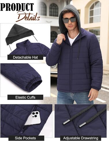 Yusongirl Mens Lightweight Puffer Jacket Winter Casual Quilted Coat with Detachable Hood Water Resistant Insulated Puffy Coat in Saudi Arabia