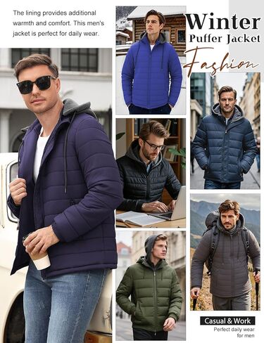 Yusongirl Mens Lightweight Puffer Jacket Winter Casual Quilted Coat with Detachable Hood Water Resistant Insulated Puffy Coat in Saudi Arabia