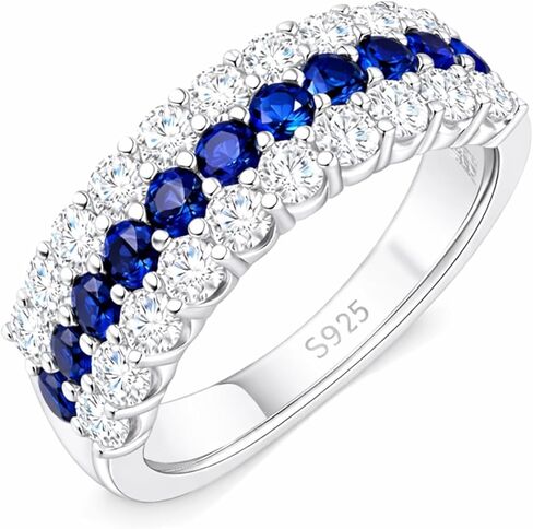 Three Row Half Eternity Wedding Band for Women – Moissanite & Lab-Grown Blue Sapphire Ring, 925 Sterling Silver Rhodium Plated, Engagement, Promise & September Birthstone Gift for Her in Saudi Arabia
