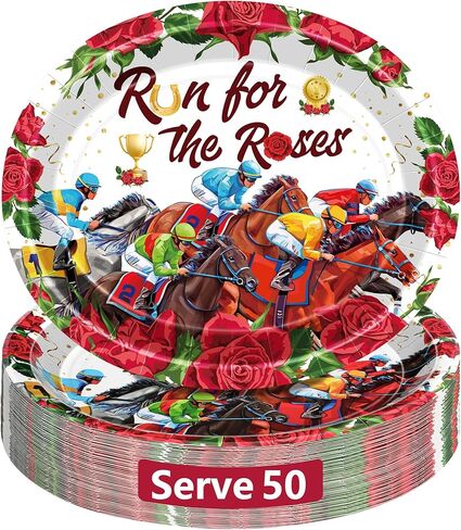 QZYL 50 PCS Derby Plates, Disposable 10 x 12 Inches Oval Paper Horse Plates, Run for The Roses Derby Party Supplies Table Decor, Kentucky Racing Theme Tableware Set for Horse Party Decorations in Saudi Arabia