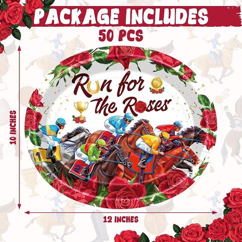 QZYL 50 PCS Derby Plates, Disposable 10 x 12 Inches Oval Paper Horse Plates, Run for The Roses Derby Party Supplies Table Decor, Kentucky Racing Theme Tableware Set for Horse Party Decorations in Saudi Arabia