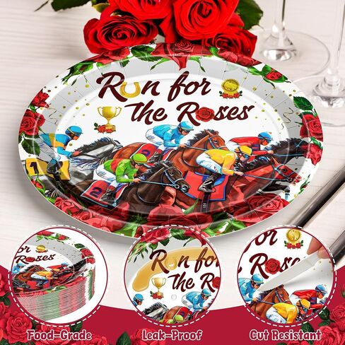 QZYL 50 PCS Derby Plates, Disposable 10 x 12 Inches Oval Paper Horse Plates, Run for The Roses Derby Party Supplies Table Decor, Kentucky Racing Theme Tableware Set for Horse Party Decorations in Saudi Arabia