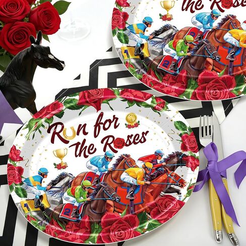 QZYL 50 PCS Derby Plates, Disposable 10 x 12 Inches Oval Paper Horse Plates, Run for The Roses Derby Party Supplies Table Decor, Kentucky Racing Theme Tableware Set for Horse Party Decorations in Saudi Arabia