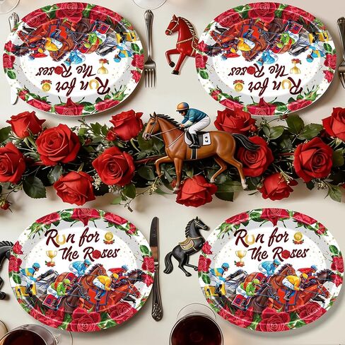 QZYL 50 PCS Derby Plates, Disposable 10 x 12 Inches Oval Paper Horse Plates, Run for The Roses Derby Party Supplies Table Decor, Kentucky Racing Theme Tableware Set for Horse Party Decorations in Saudi Arabia