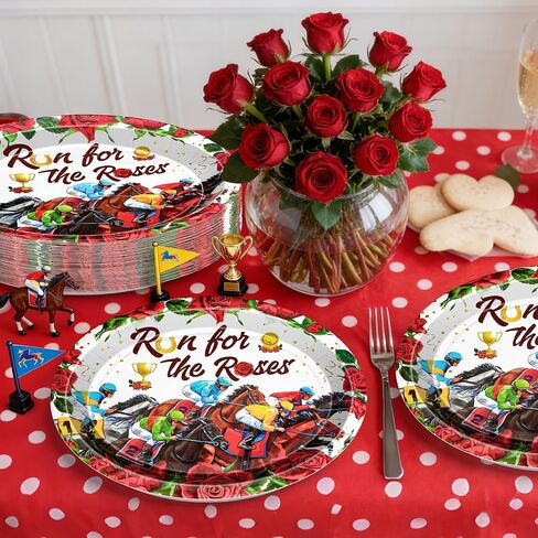 QZYL 50 PCS Derby Plates, Disposable 10 x 12 Inches Oval Paper Horse Plates, Run for The Roses Derby Party Supplies Table Decor, Kentucky Racing Theme Tableware Set for Horse Party Decorations in Saudi Arabia