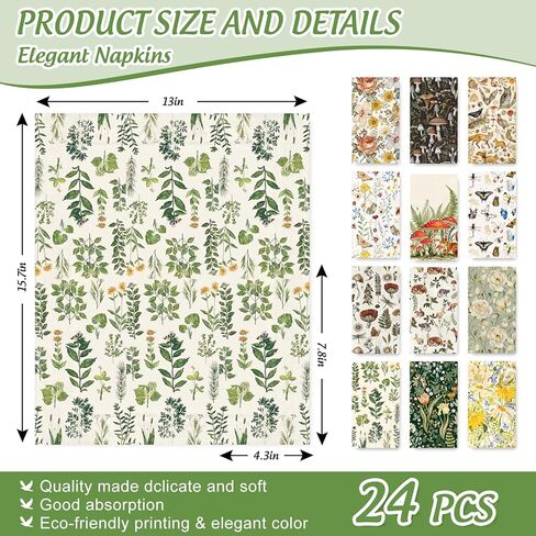 24 Pack Assorted Vintage Guest Napkins Disposable Napkin Retro Floral Mushroom Botanical Animal Dinner Paper Napkins for Wedding Birthday Party Supplies, 12 Styles in Saudi Arabia