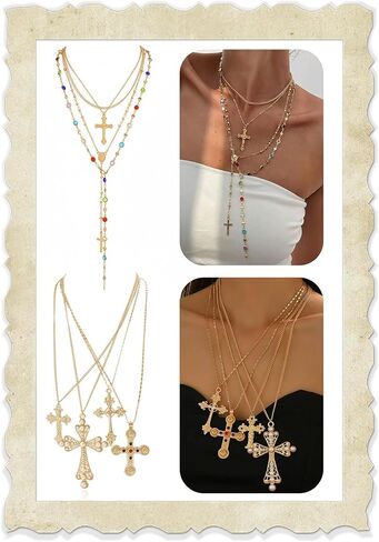 8Pcs Women’s Rosary Long Cross Necklace Set, Zamak 3 Alloy with 14K PVD Plating & E-Coating, Gift for Vacation, Music Festival, Latin Party, Date Night, Christmas, New Year in Saudi Arabia