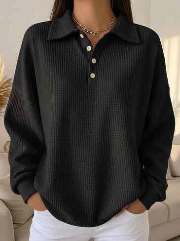 2026 spring and summer new loose solid color lapel versatile polo shirt waffle long sleeve women's top in Saudi Arabia