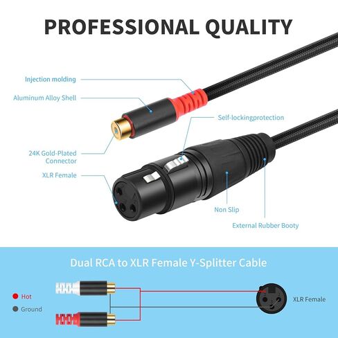 كابل توصيل مقسم 1FT XLR أنثى إلى 2 RCA Y، محول كابل صوتي مزدوج RCA أنثى إلى XLR أنثى لمكبر الصوت ومكثف الميكروفون AMP in Saudi Arabia