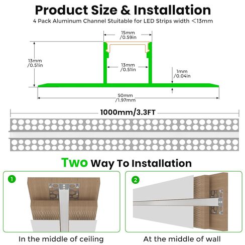 4 عبوات من قنوات LED الجصية بطول 3.3 أقدام/1 متر، قناة ناشرة LED للجدار الجاف بدون حواف مع ناشر حليبي، قناة ألومنيوم لأضواء الشريط، أسفل الخزانة، الجدار والسقف (الضوء غير متضمن) in Kuwait