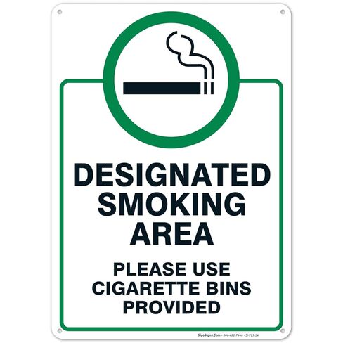 Designated Smoking Area Sign, Please Use Cigarette Bins Sign, 10x14 Inches, Rust Free .040 Aluminum, Fade Resistant, Made in USA in Saudi Arabia