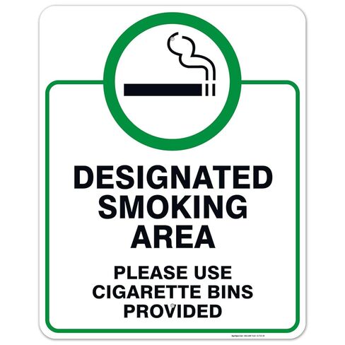 Designated Smoking Area Sign, Please Use Cigarette Bins Sign, 10x14 Inches, Rust Free .040 Aluminum, Fade Resistant, Made in USA in Saudi Arabia
