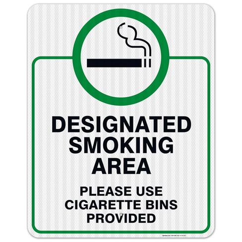 Designated Smoking Area Sign, Please Use Cigarette Bins Sign, 10x14 Inches, Rust Free .040 Aluminum, Fade Resistant, Made in USA in Saudi Arabia