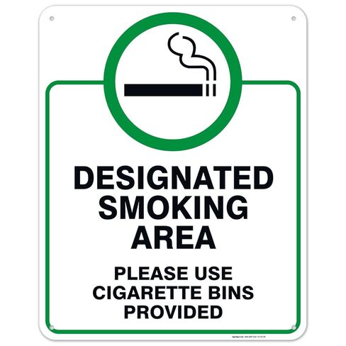 Designated Smoking Area Sign, Please Use Cigarette Bins Sign, 10x14 Inches, Rust Free .040 Aluminum, Fade Resistant, Made in USA in Saudi Arabia