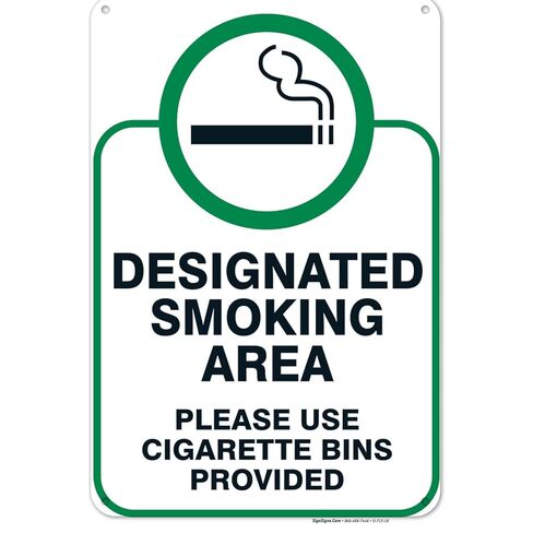 Designated Smoking Area Sign, Please Use Cigarette Bins Sign, 10x14 Inches, Rust Free .040 Aluminum, Fade Resistant, Made in USA in Saudi Arabia