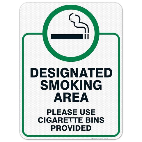 Designated Smoking Area Sign, Please Use Cigarette Bins Sign, 10x14 Inches, Rust Free .040 Aluminum, Fade Resistant, Made in USA in Saudi Arabia