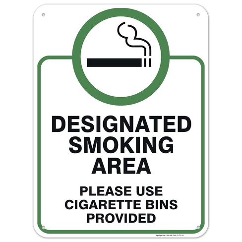 Designated Smoking Area Sign, Please Use Cigarette Bins Sign, 10x14 Inches, Rust Free .040 Aluminum, Fade Resistant, Made in USA in Saudi Arabia