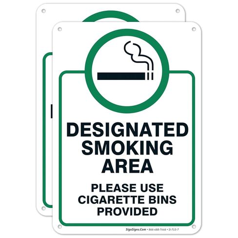 Designated Smoking Area Sign, Please Use Cigarette Bins Sign, 10x14 Inches, Rust Free .040 Aluminum, Fade Resistant, Made in USA in Saudi Arabia