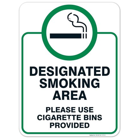 Designated Smoking Area Sign, Please Use Cigarette Bins Sign, 10x14 Inches, Rust Free .040 Aluminum, Fade Resistant, Made in USA in Saudi Arabia