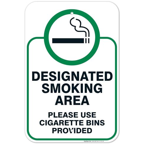 Designated Smoking Area Sign, Please Use Cigarette Bins Sign, 10x14 Inches, Rust Free .040 Aluminum, Fade Resistant, Made in USA in Saudi Arabia