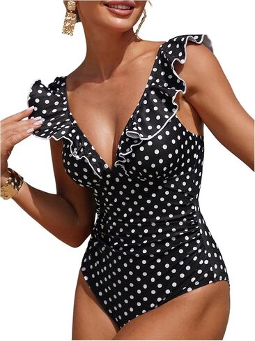 SHENHE Women's Ruffle One Piece Swimsuit Tummy Control V Neck Polka Dots Bathing Suit Swimwear in Saudi Arabia