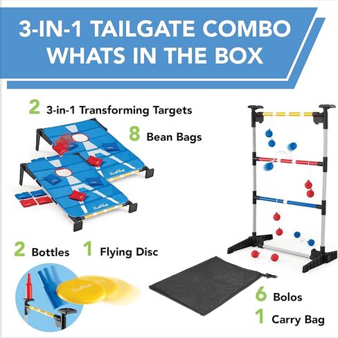 EastPoint 3-in-1 Tailgate Cornhole, Ladderball, Bottle Smash Combo Game - Blue - Versatile 3-in-1 Set for Outdoor Games - Portable Transport for Backyard in Saudi Arabia