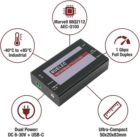 محول وسائط إيثرنت للسيارات 100/1000Base-T1-TX-E - محول T1 إلى RJ45 بسرعة 1 جيجابت في الثانية، Marvell 88Q2112 + RTL8211FI، كتلة طرفية + محولات TE MATEnet/HMTD، طاقة من النوع C/DC in Saudi Arabia