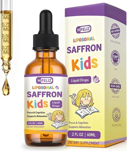 Liposomal Saffron Liquid Drops for Kids, Saffron Extract Supplements with L-Theanine & Chamomile for Focus, Relaxation & Antioxidant Support, Alcohol-Free, Natural Flavor, 2 Fl OZ in Saudi Arabia