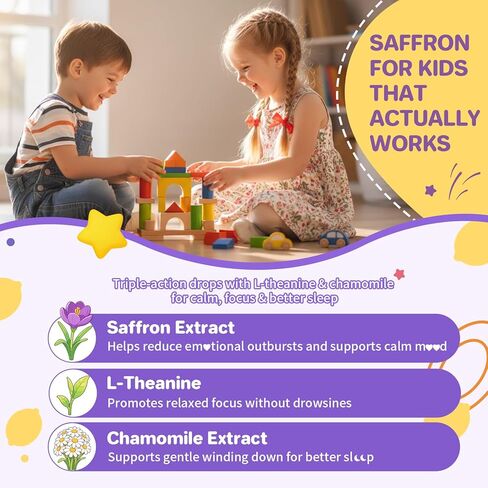 Liposomal Saffron Liquid Drops for Kids, Saffron Extract Supplements with L-Theanine & Chamomile for Focus, Relaxation & Antioxidant Support, Alcohol-Free, Natural Flavor, 2 Fl OZ in Saudi Arabia
