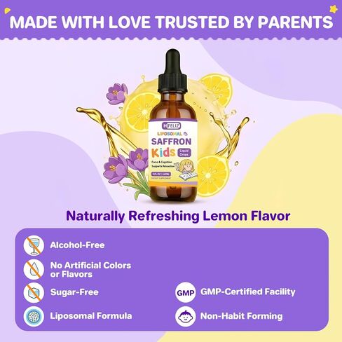 Liposomal Saffron Liquid Drops for Kids, Saffron Extract Supplements with L-Theanine & Chamomile for Focus, Relaxation & Antioxidant Support, Alcohol-Free, Natural Flavor, 2 Fl OZ in Saudi Arabia