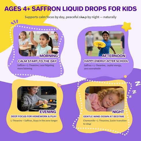 Liposomal Saffron Liquid Drops for Kids, Saffron Extract Supplements with L-Theanine & Chamomile for Focus, Relaxation & Antioxidant Support, Alcohol-Free, Natural Flavor, 2 Fl OZ in Saudi Arabia