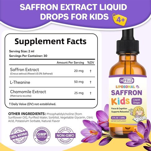 Liposomal Saffron Liquid Drops for Kids, Saffron Extract Supplements with L-Theanine & Chamomile for Focus, Relaxation & Antioxidant Support, Alcohol-Free, Natural Flavor, 2 Fl OZ in Saudi Arabia