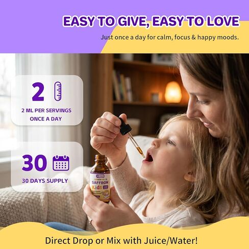 Liposomal Saffron Liquid Drops for Kids, Saffron Extract Supplements with L-Theanine & Chamomile for Focus, Relaxation & Antioxidant Support, Alcohol-Free, Natural Flavor, 2 Fl OZ in Saudi Arabia