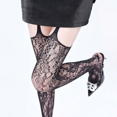 2pcs Y2K Goth Fishnet Tights for Women Ripped Thigh High Stockings with Garter Belt Suspender Lingerie Pantyhose in Saudi Arabia