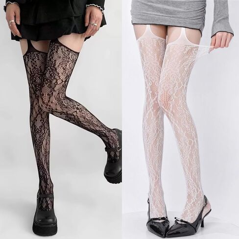 2pcs Y2K Goth Fishnet Tights for Women Ripped Thigh High Stockings with Garter Belt Suspender Lingerie Pantyhose in Saudi Arabia