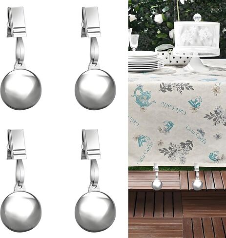 4 Pack Heavy Duty Tablecloth Weights, Stainless Steel Balls with Metal Tablecloth Clips for Outdoor Tables, Curtains, Flag, Add 9.6oz Weights for Outdoor Picnic, Family Dinner Party in Saudi Arabia
